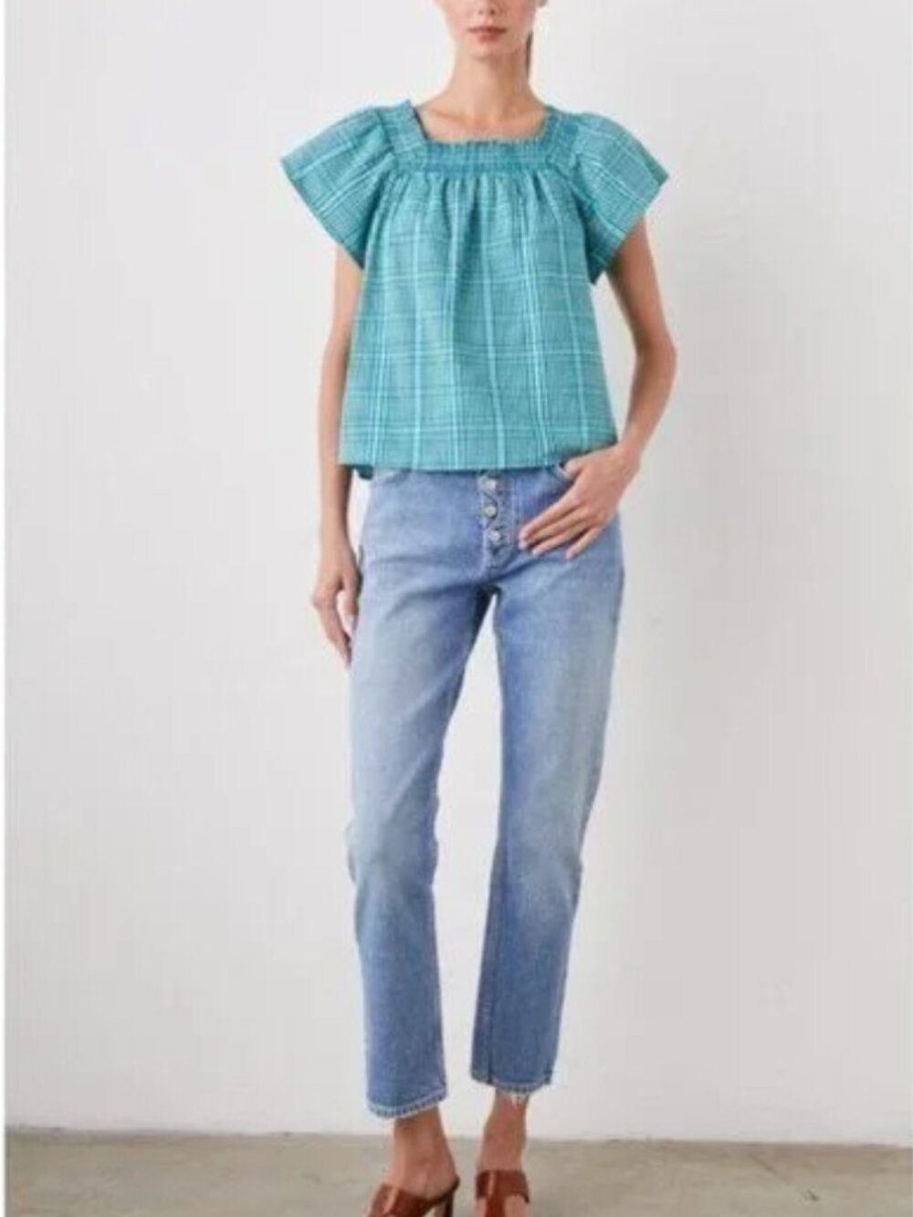 RAILS Sonora Cotton Tencel Peasant Top Augusta Mini Check Blue Size Small